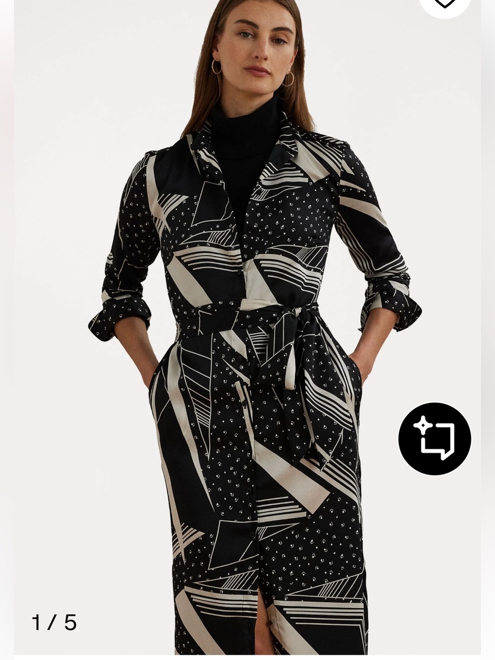 Lauren Ralph Lauren Black and White Geometric Belted Twill Shirtdress Size 18